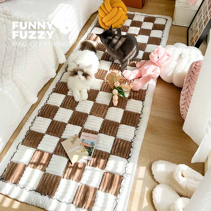 Cream-colored Large Plaid Square Fuzzy Pet Dog Mat Bed Sofa Cover