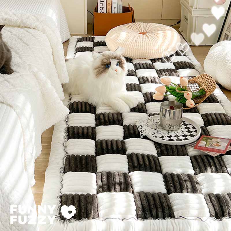 Cream-colored Large Plaid Square Fuzzy Pet Mat Bed Sofa Cover