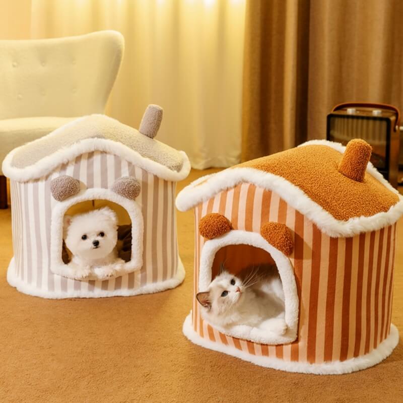 Semi-enclosed Plush Cat House Warm Cat Bed