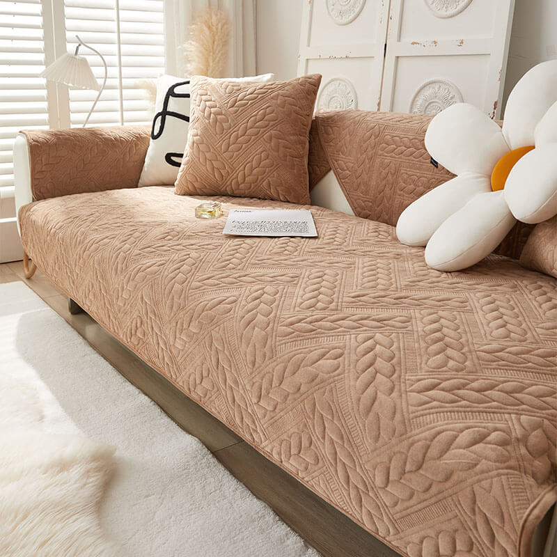 Warm Crystal Velvet Wheat Embroidery Non-Slip Sofa Cover