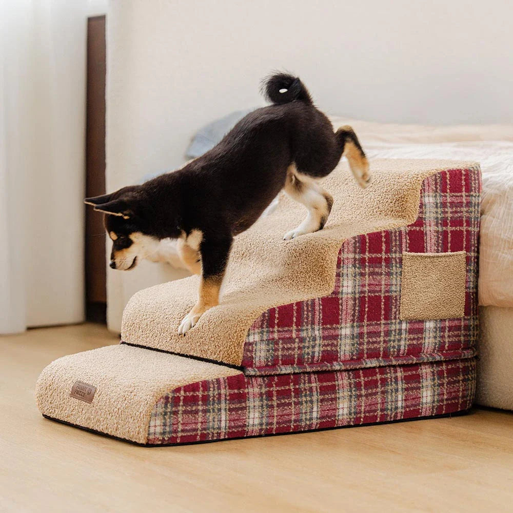 Plush Plaid High-Density Sponge Removable Pet Ramp Stairs - ComfyClimb